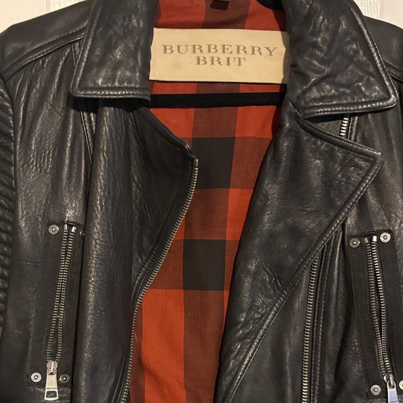 Burberry Brit Black Leather Jacket with Red and Brown Plaid Lining - Picture 5 of 6